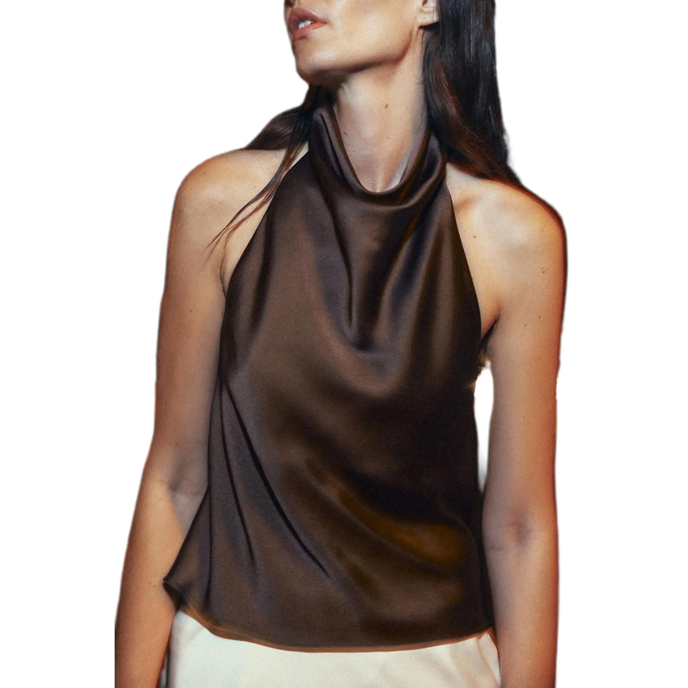 Women´s Summer Halter Neck Vest Sleeveless Open Back Solid Color Satin Tank Tops