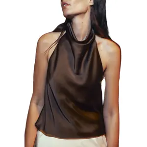 Women´s Summer Halter Neck Vest Sleeveless Open Back Solid Color Satin Tank Tops