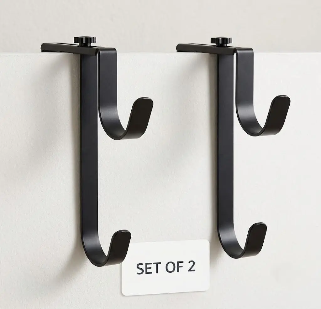 2pcs Outdoor Double Pool Pole Hooks, Adjustable Thickened Metal Hangers with Fence Mounting Panel for Vinyl Fence, Wall - Holds Skimmers, Hose, Swimming Pool Accessories (Black)