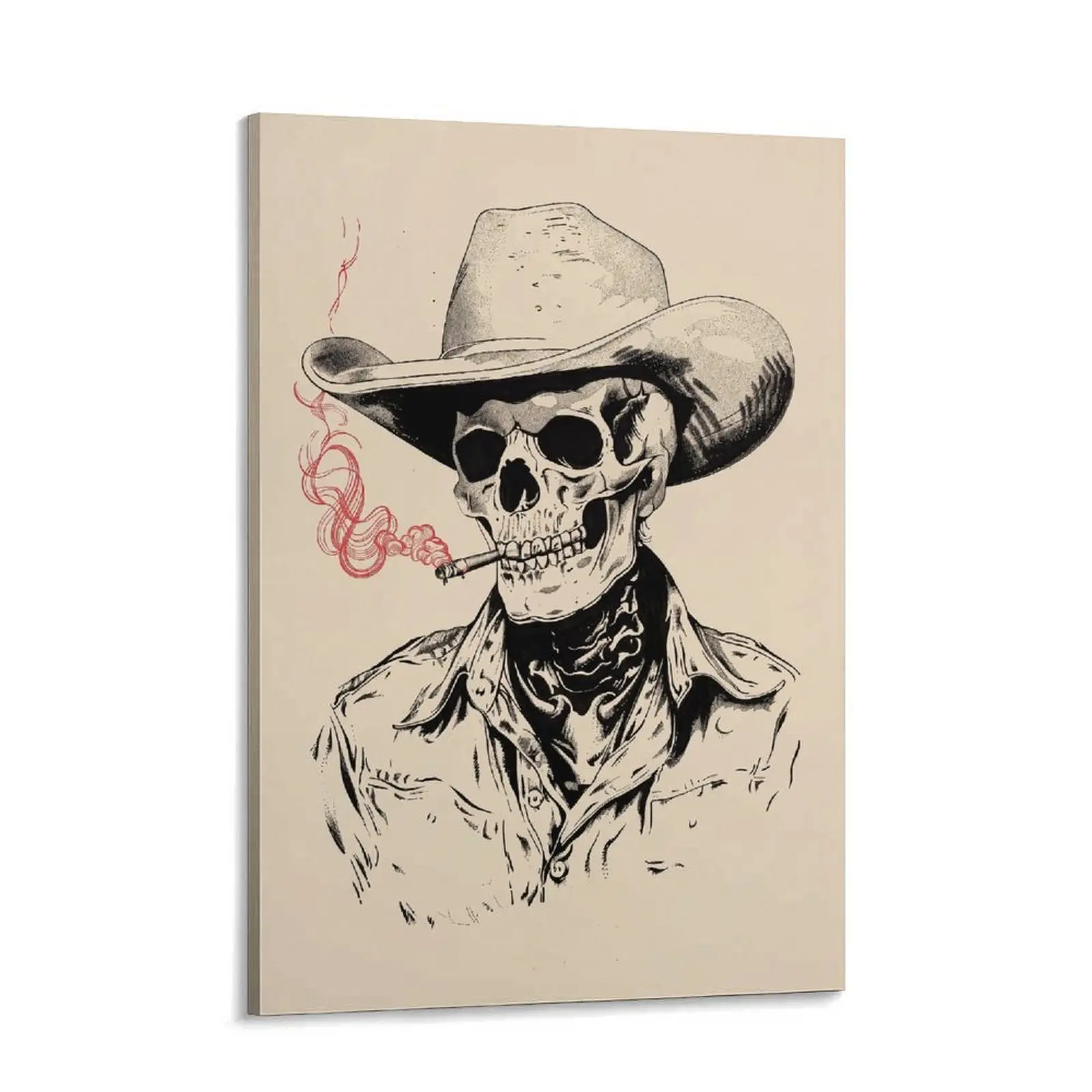 unframed style Skull Cowboy Canvas Wall Art, Western Skeleton Poster, Edgy Biker and Outlaw Decor, Vintage Western Artwork for Man Cave, Bedroom, Living Room, Study Room, Modern Canvas Print, Ready to Hang