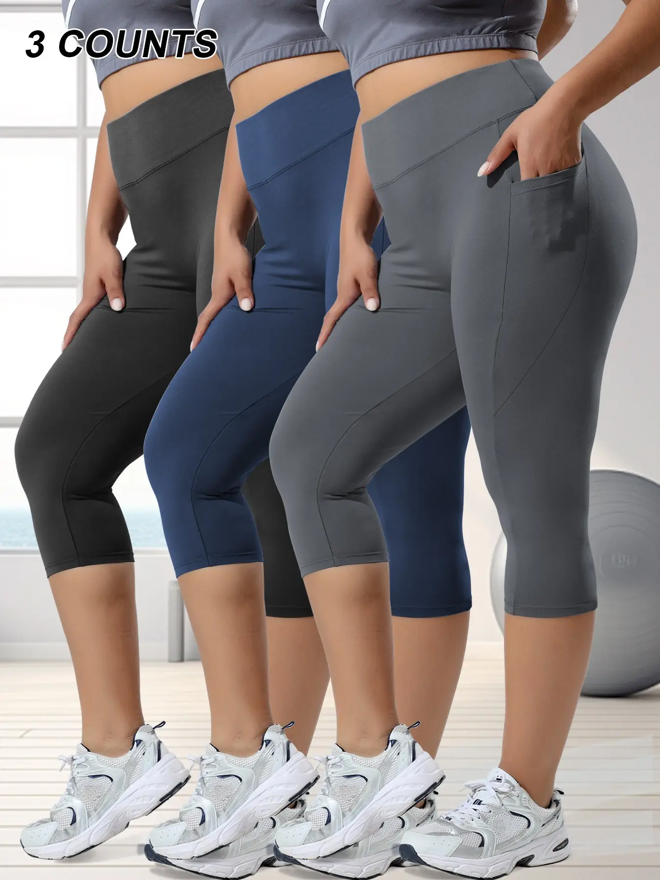 Plus Size High Waist Leggings Set for Women, Female Gym Clothes, Solid Sports Leggings, Stretchy Workout Leggings, Stretchy and Soft Fabric, Comfortable Summer Wear with Crescent Pockets, 3 Piece Solid Design, Athleisure Style Bottoms