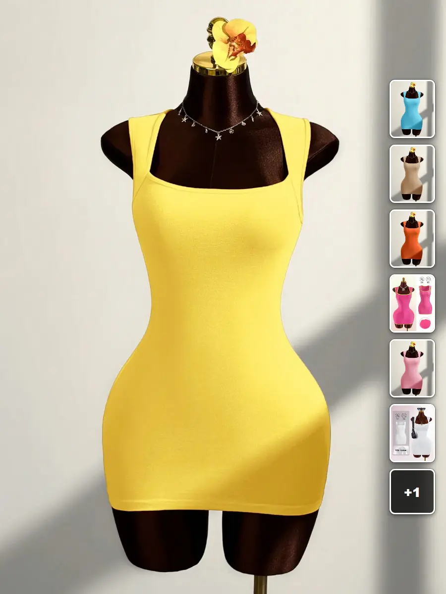 FLASH Yellow Bodycon Mini Dress Square Neck Wide Strap Summer Outfit Beach Vacation