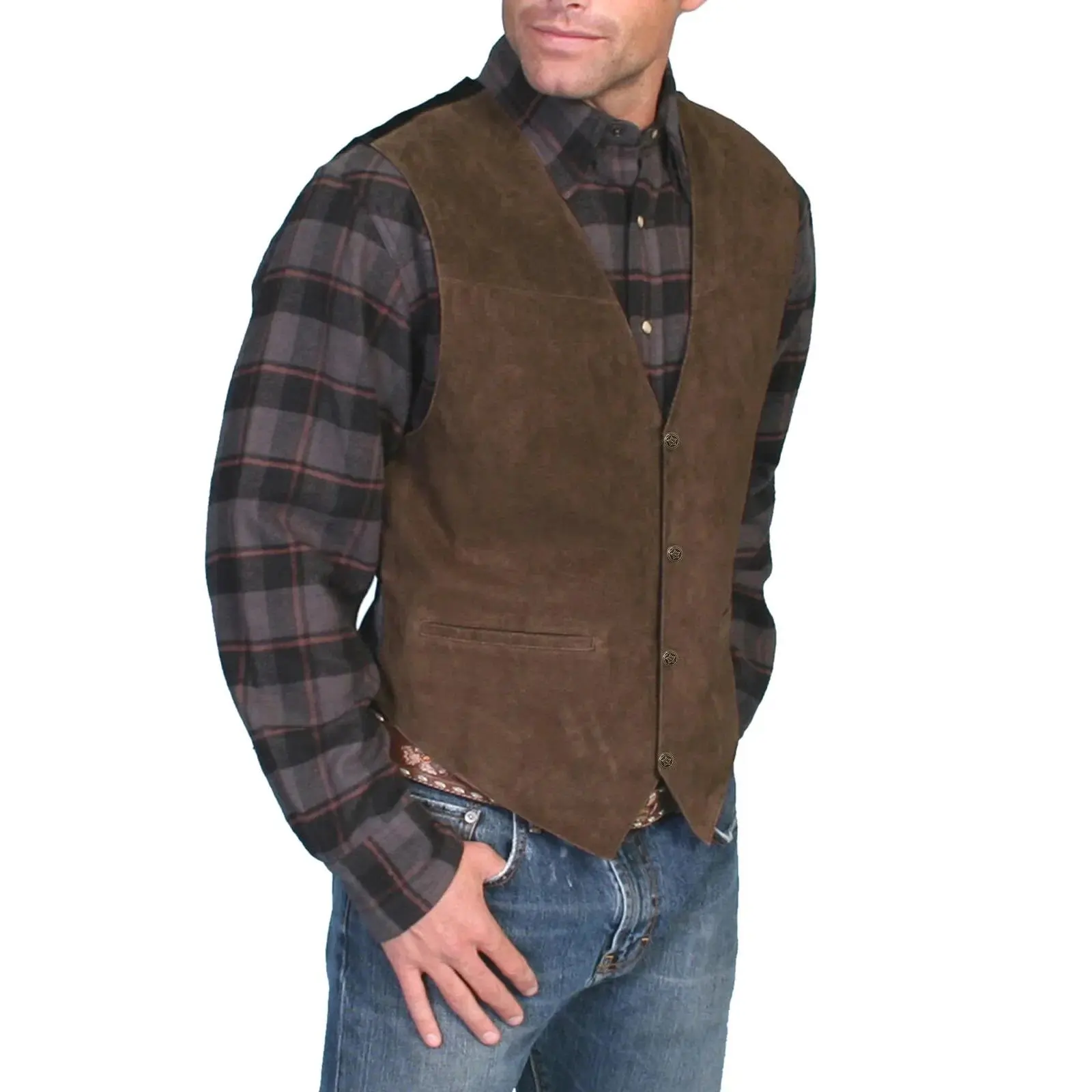 Men'S Leather Vest V Neck Single-Breasted Western Sleeveless Men Waistcoat Motorcycle Biker Leather Jacket Club Chopper Vest
