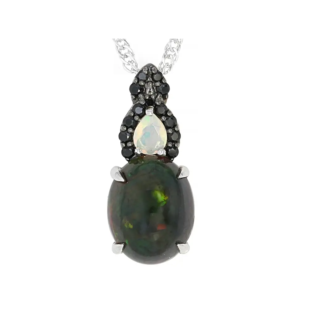 JTV Black Ethiopian Opal Rhodium Over Sterling Silver Pendant with Chain 1.56ctw