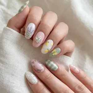 Hand Painted Floral Lemon Gingham Press On Nails, Cottagecore Spring Gel Set