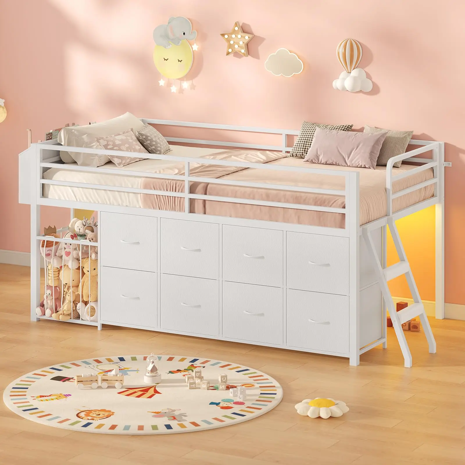 Twin Size Low Loft Bed with 8 Storage Drawers & Toy Organizer, Metal Loft Bed with RGB Lights, 13" H Safety Guardrail, Play Zone, Heavy Duty Twin Low Loft Bed with 2-Step Ladder & Anti-Tip Kit, No Box Spring Needed, White,dorm essentials,home decor