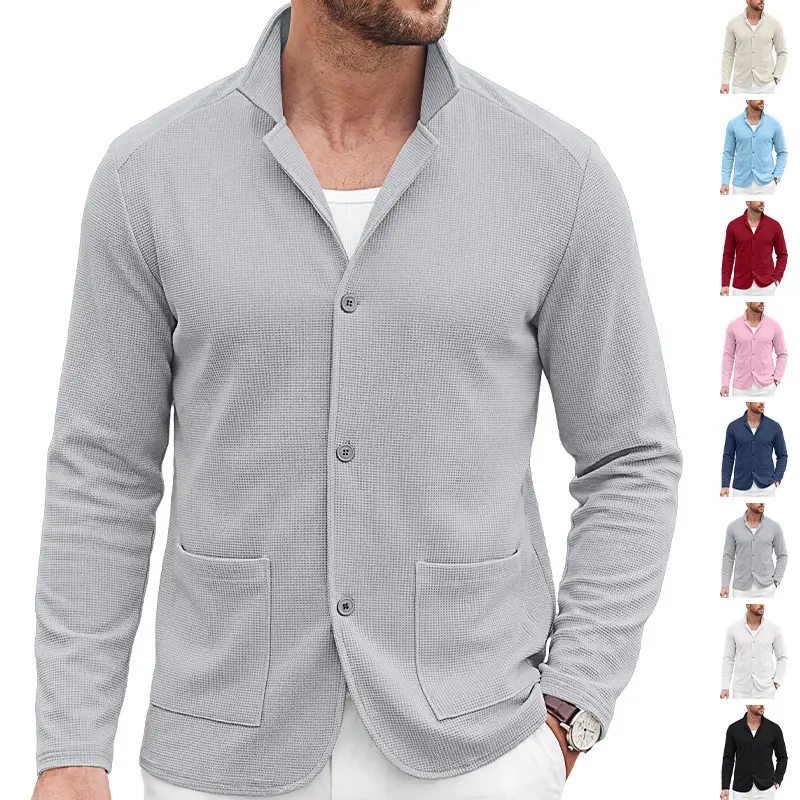 Menswear Men’s Waffle-Textured Knit Cardigan, Stand Collar, Single-Breasted, Breathable Honeycomb Fabric, Long Sleeves, Lightweight Outerwear for Business Casual, Commuting, Everyday Outings