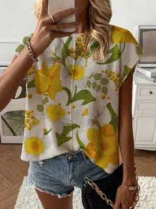 Summer Round Neck Short Sleeve Knit Top, Loose Fit Colorblock Floral Print, Casual Elegant Chic Commuter, Bikini Cover-Up, Womenswear