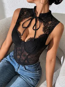 Black Lace Mesh Crop Top Women Sexy See Through Tank Top for Women Sleeveless High Neck Keyhole Bow Tie Underwire Going Out Night Out Club Party Y2K Coquette Gothic Summer Tops