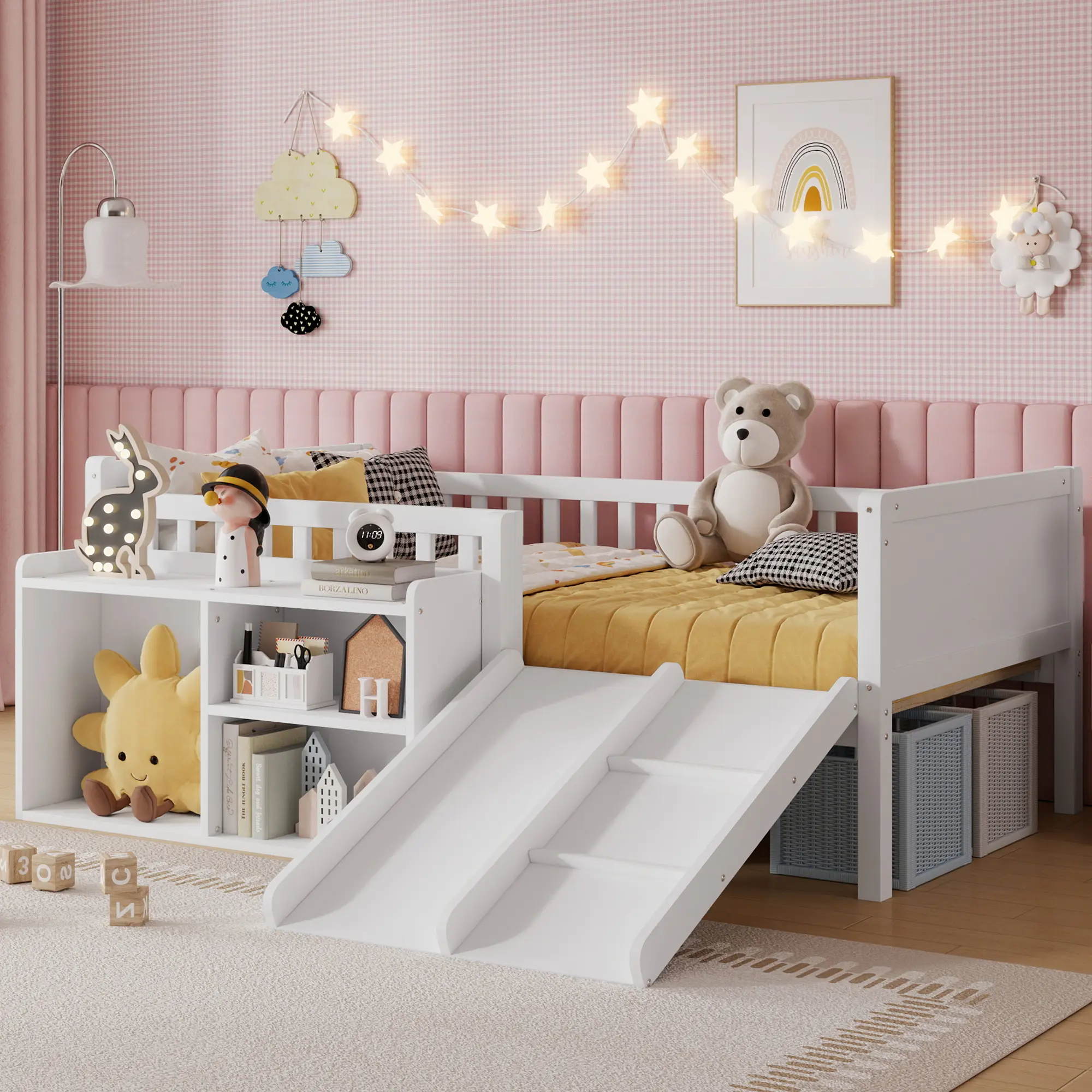 DUXELIFIN Twin Size Low Loft Toddler Bed with Slide, Movable Bookshelf, Guardrails - Modern Solid Wood & MDF Kids Furniture Bedroom Bed, Toddler Loft Bed