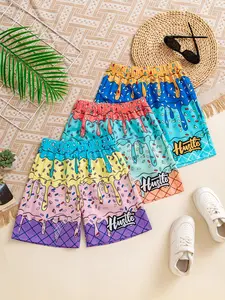 Boys' Ice Cream Print Casual Fun and Playful Shorts Set, Elastic Waist Loose Fit Summer Shorts with Sugar Crystal Detail & 'strive' Print, Daily Wear, Everyday Shorts, Casual Fashionable Shorts