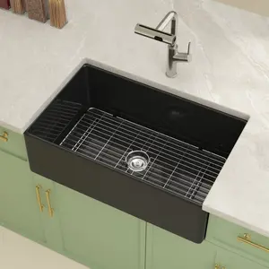 Kichae 32 Inch Matte Black Fireclay Farmhouse Apron Front Sink, 33” L x 20'' W Deep Single Bowl Ceramic Kitchen Sink with Grid & Drain for Home Kitchen Remodel & Residential Cooking Use