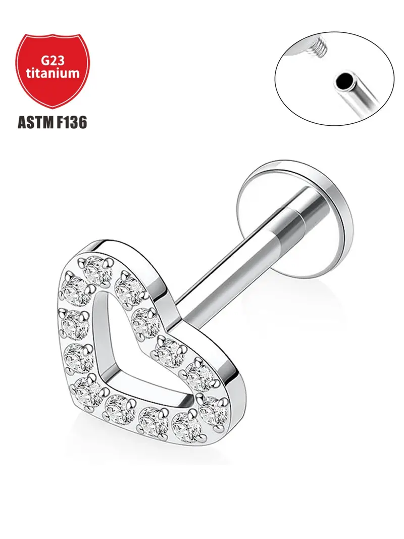 F136 Titanium Heart Ear Bone Stud with Zirconia, 16g Earrings, Shiny Punk Style Lip Stud, Body Piercing Jewelry, All Seasons