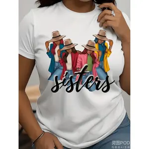 Women'S Casual SISTERS Graphic T-Shirt - Short Sleeves, Round Neck, Machine Washable, White with Vibrant Sisterhood Design, Comfortable for All Seasons, Daily Wear T-Shirt Playful Graphic Tee 