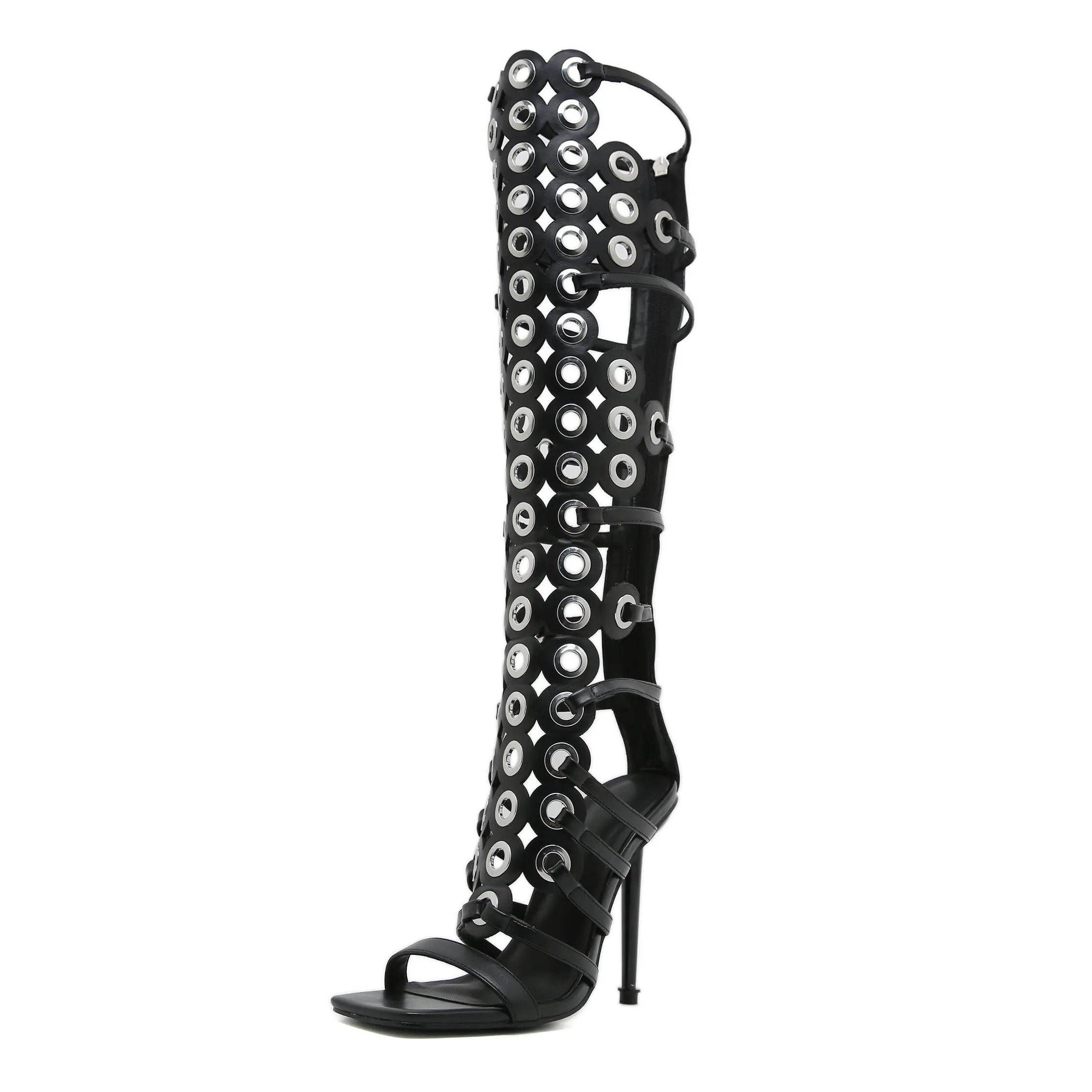 Women Knee High Sandals Sexy Stiletto Heel Cross Straps Round Buckle Decor Girl Summer Gladiator Heels Dress Party Shoes Hot outdoorfun
