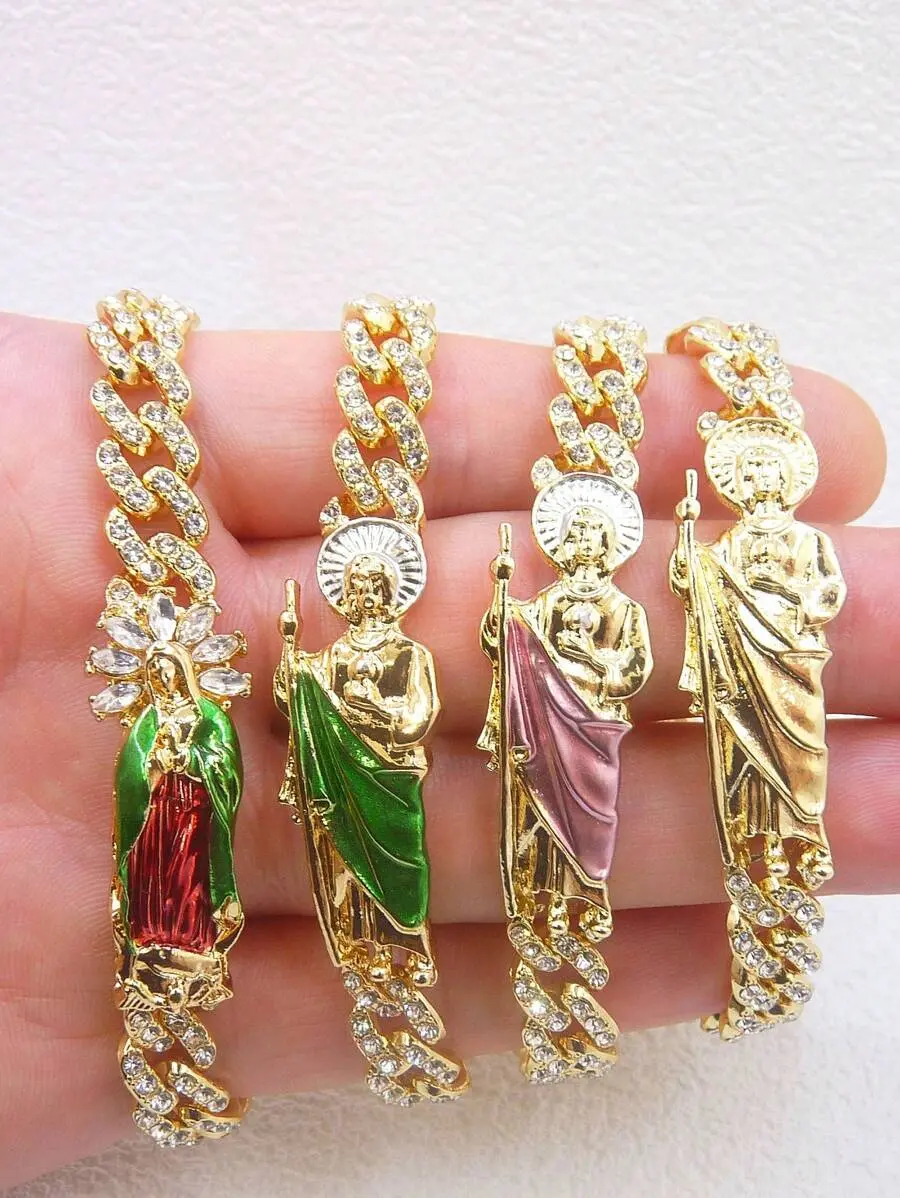 14K Gold-Plated St. Jude Virgin Mary Bracelet - Green Religious Jewelry for Women, Catholic Faith Charm Bracelet