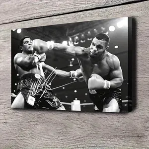 1 Piece Mike Tyson Boxing Action Poster - Black and White Canvas Wall Art with Frame, Men's Cave, Living Room, Gym Ready-to-Hang Boxing Decoration - Iconic Boxing Souvenir for Fans and Collectors, Dynamic Sports Scene, Hook Hanging Picture, High-Quality P