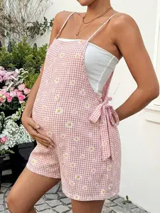 JOCASTAA Pregnant Women's Summer Casual Vacation Style Daisy Plaid Print Side Tie Strap Romper