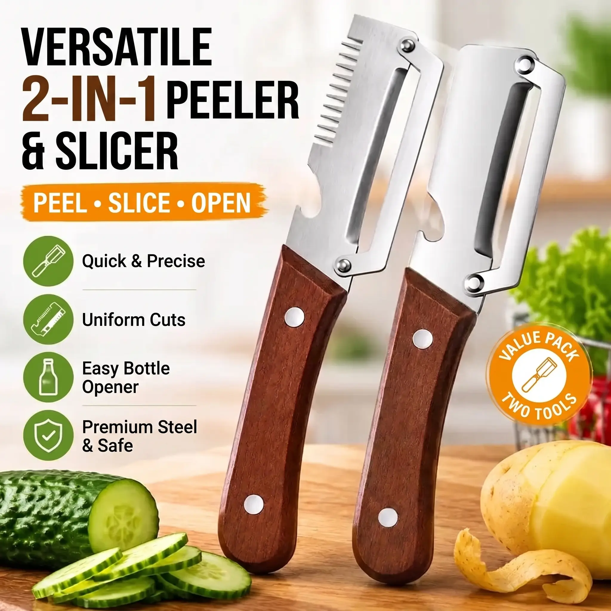 2 PCS Wood Handle Multifunction Kitchen Peeler – Peel, Slice, Scrape & Bottle Opener Tool 2 PCS Wood Handle Multifunction Kitchen Peeler – Peel, Slice, Scrape & Bottle Opener Tool