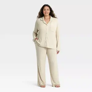 Women's Cozy Ribbed Notch Collar Long Sleeve Shirt and Pants Pajama Set - Auden Oatmeal 3X