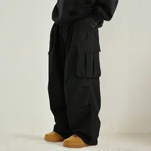 Men's Four Seasons Loose Casual Fashion Trendy Multi-Pocket Work Pants with Practical Pockets for Everyday Use in Black Plain Trouser