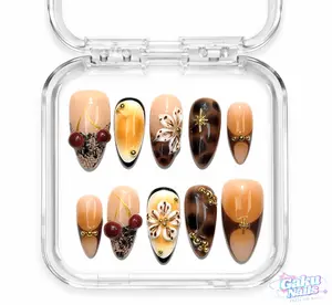 GakuNails SOFT AMBER 10 PCS Medium Almond Handmade Press On 3D Gel Builder Gel Cherry Lace Print Caramel Tortoise Shell Elegant