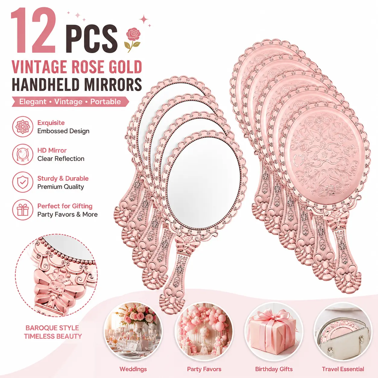 12-Piece Vintage Rose Gold Handheld Mirrors with Baroque Embossed Plastic Body, Compact Makeup Mirrors for Pink Themed Princess Party Favors, Weddings