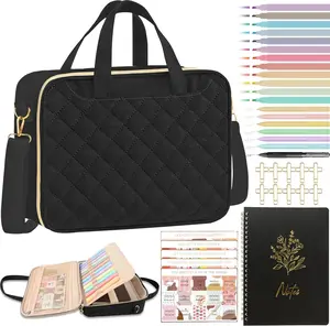 Cover Case for Women, Large  Bag with  Strap and Handle,  Study Supplies Journaling Kit,  Highlighters and Pens No Bleed Tabs Notebook Cross Clips (Black)