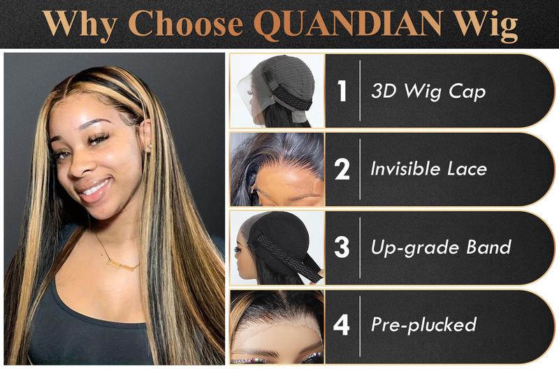 QUANDIAN 13x6 Balayage Highlight Lace Front Double Drawn Wig Human Hair 220% Density Pre Bleached Tiny Knots Straight Hair FB/27 Ombre Wig Springtok