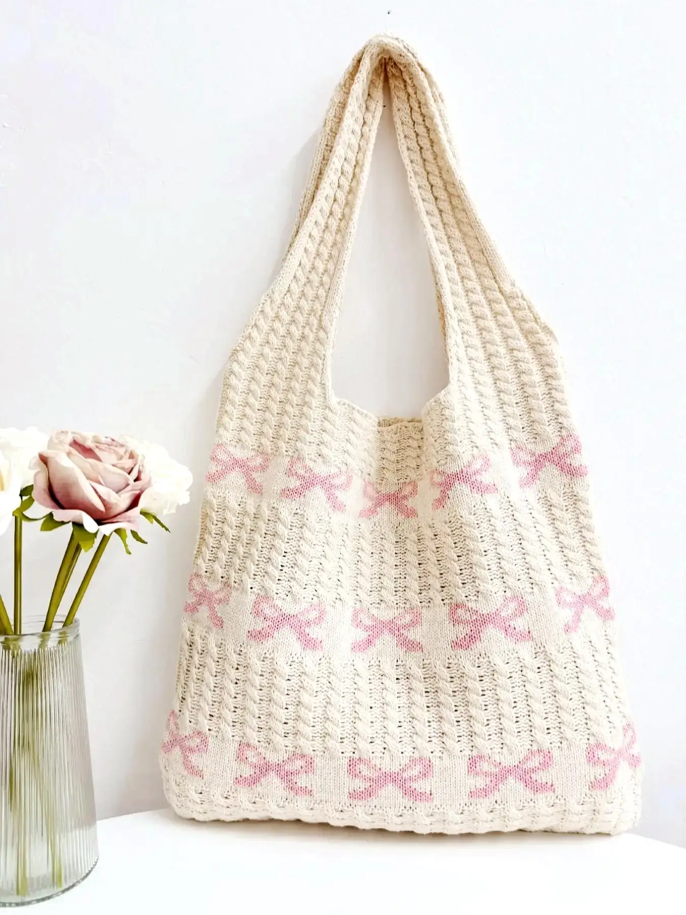 Women's Bowknot Pattern Crochet Shoulder Bag, Fashionable Bow Decor Tote Bag for Daily Used, Casual Trendy Versatile High-quality Daily Commuting Bag