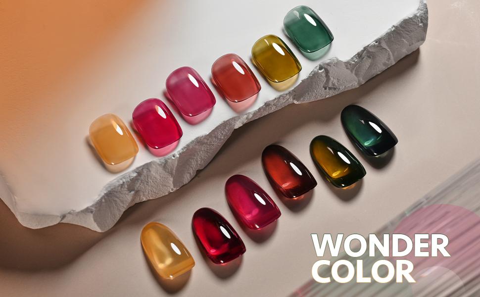 Gaoy Wonder Color Jelly Gel Nail Polish Kit, 6 Transparent Sheer Shades (Black, Red, Hot Pink, Green, Brown) for Salon Manicure & Home Nail Art DIY