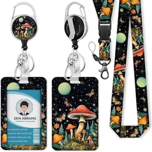 Mushroom Pattern ID Badge Holder, 1 Count Card Holder with Retractable Badge Reel & Detachable Lanyard, Identification Badges & Supplies for Office School Hospital Outdoor Travel