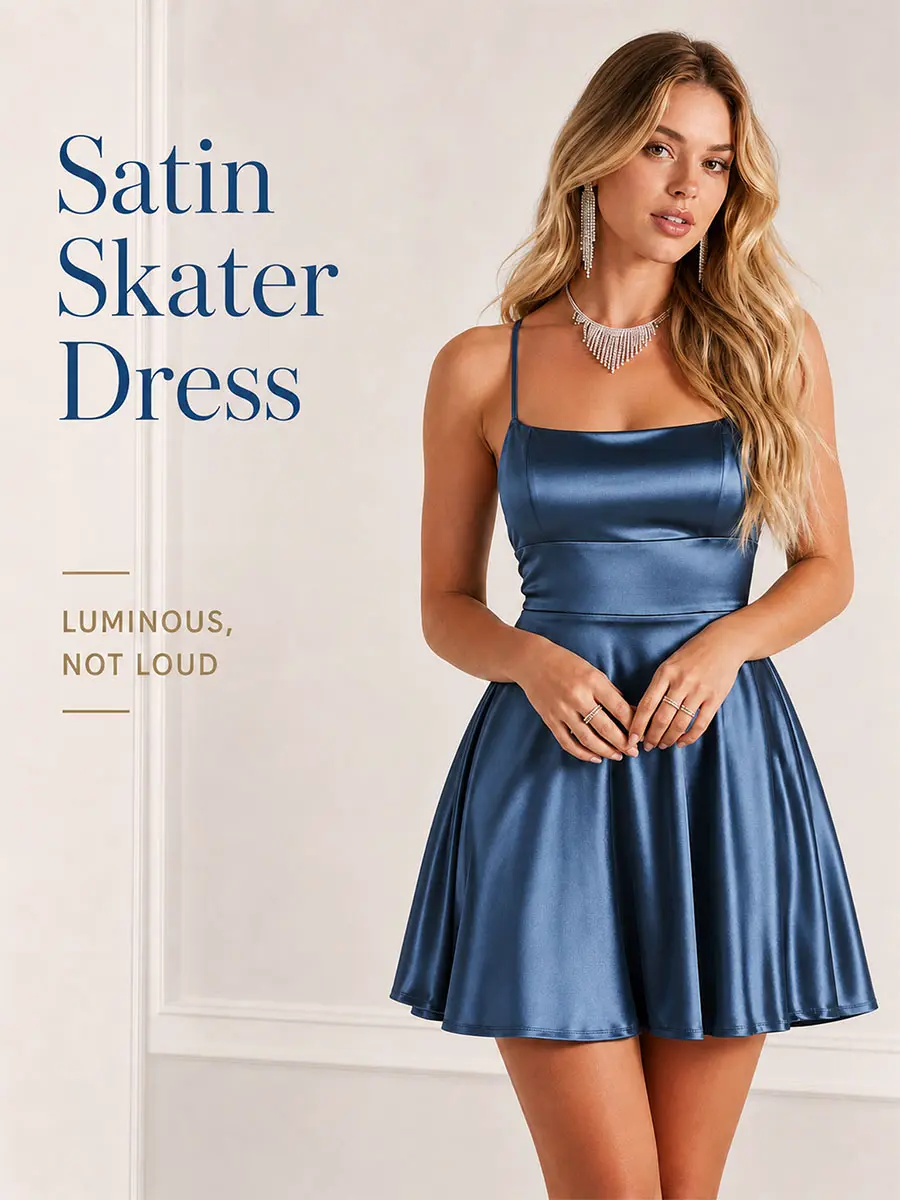 Satin Skater Mini Dress – Square Neck Lace-Up Back Adjustable Straps Cross-Back Twirl Date Night