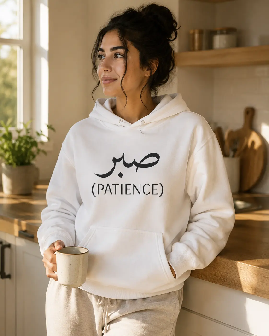 Women's Minimalist Pullover Hoodie, Islamic-Inspired Streetwear with Arabic 'Sabr' Patience Design, Kangaroo Garment Pocket, Drawstring, Do Not Dry Clean, Embroidered Or Printed Chest, Long Sleeves, Cotton, Adjustable, Piece