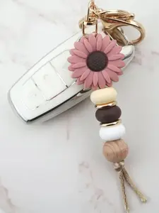 Women's Floral Silicone Bead Keychain, Heart Shape Design, Cute Car & Wallet Accessory, Perfect New Year Gift for Her, Floral Pattern Keychain