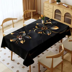 Black Gold Floral Tablecloth, Polyester Waterproof Feature Oil - proof Thickened Design, Suitable for Home & Outdoor, Minimalist Aesthetic Style, Ideal for Housewarming/Graduation/Anniversary/Family/Camping, Cozy Elegant Decor, Picnic Table Cover
