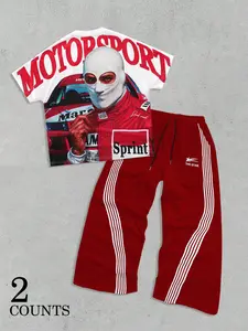 Men's Racing Style Motocross 2-Piece Set, Short Sleeve Driver Portrait Shirt & Wine Striped Wide Leg Pants, Casual Streetwear Geometric Fall&winter