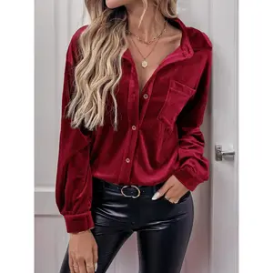 Women’s Velvet Drop-Shoulder Blouse with Front Buttons, Elegant Long-Sleeve Collared Top for Autumn and Winter, Women’s Everyday Wear