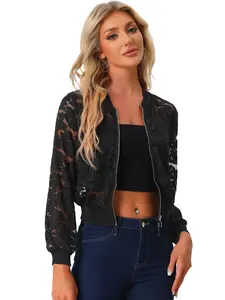 INSPIRE CHIC Stand Collar Zip Up Mesh Sheer Lace Bomber Jacket