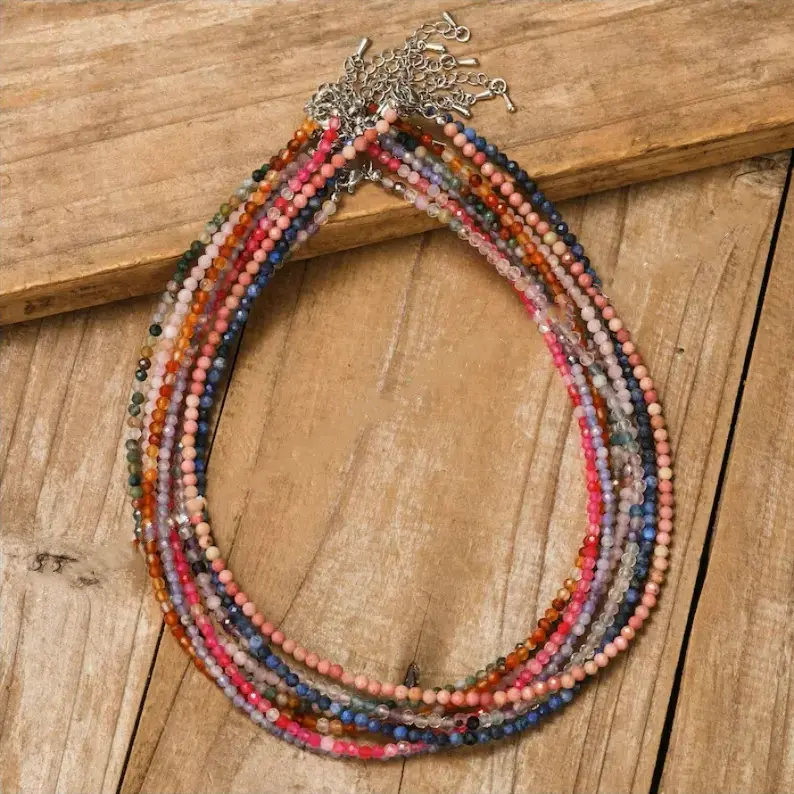 Natural Genuine Lapis Lazuli Quartz Simple Choker Necklace, 2mm Faceted Tiny Beads Jewelry, Dainty Minimalist Healing Accessory, Assorted Metaphysical Crystals, Classic & Colored Gemstone Natural Crystal Necklaces & Pendants (30 Types), Classic Natural Cr