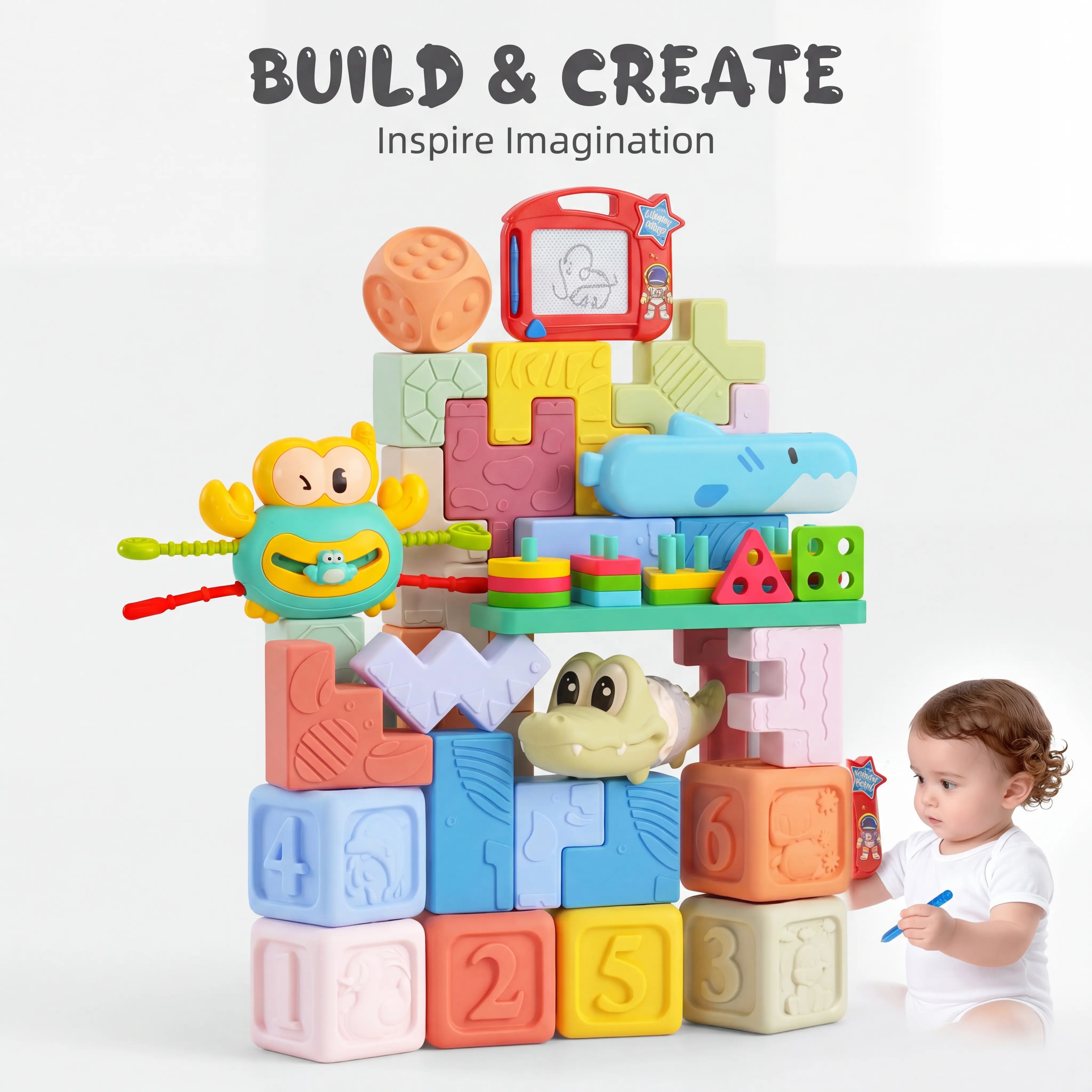 Baby Silicone Building Blocks Set - 100% Food Grade Silicone, Safe & Non-Toxic, Early Learning & Development, Easy to Clean, Soft & Durable, 18+ Months