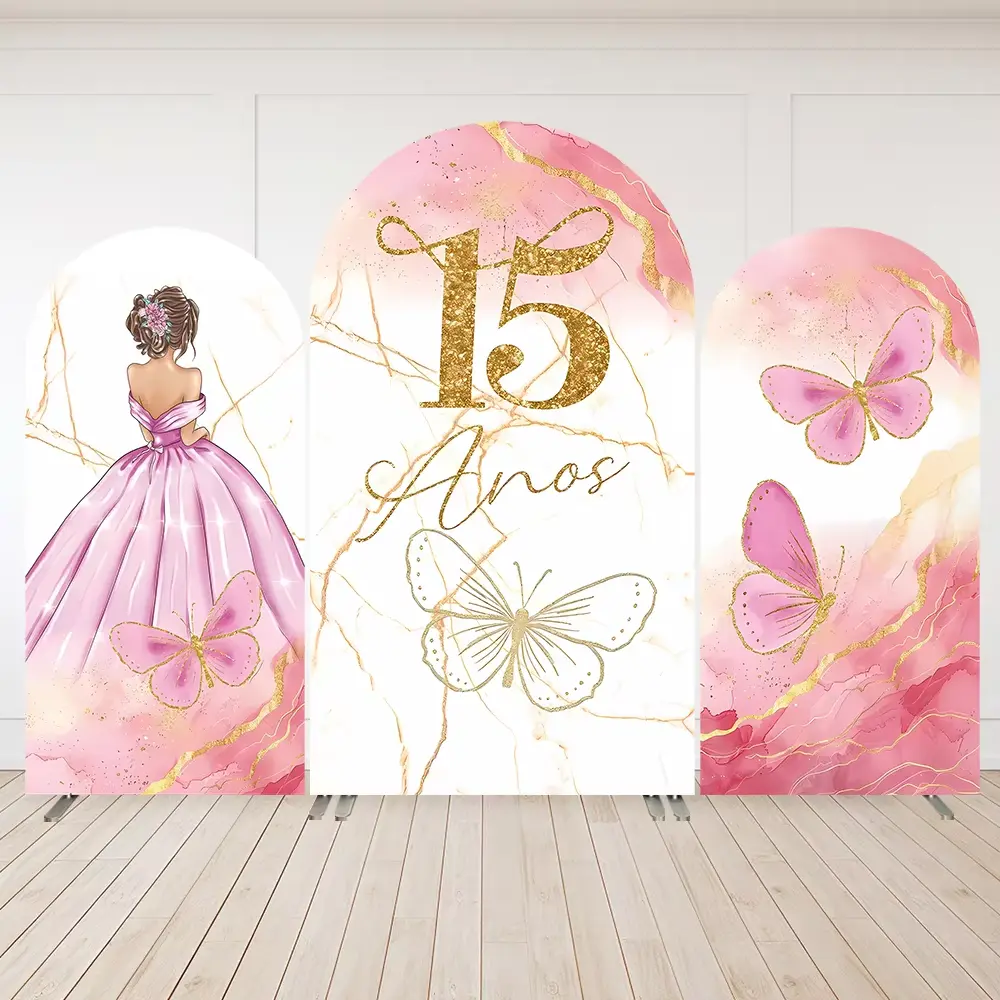 Mehofond Quinceanera Dress Party Arched Wall Custom Pink Pincess Sweet 15 16th Birthday Arch Backdrop Cover 2-Sided Decoration_P