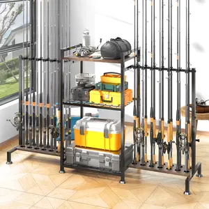 SOYEEZE 3-Sided Vertical Fishing Rod Holder for 28 Rods, Ground Stand Pole Holder for Garage, Tackle Box Storage, Fishing Supplies Display & Gift for Men