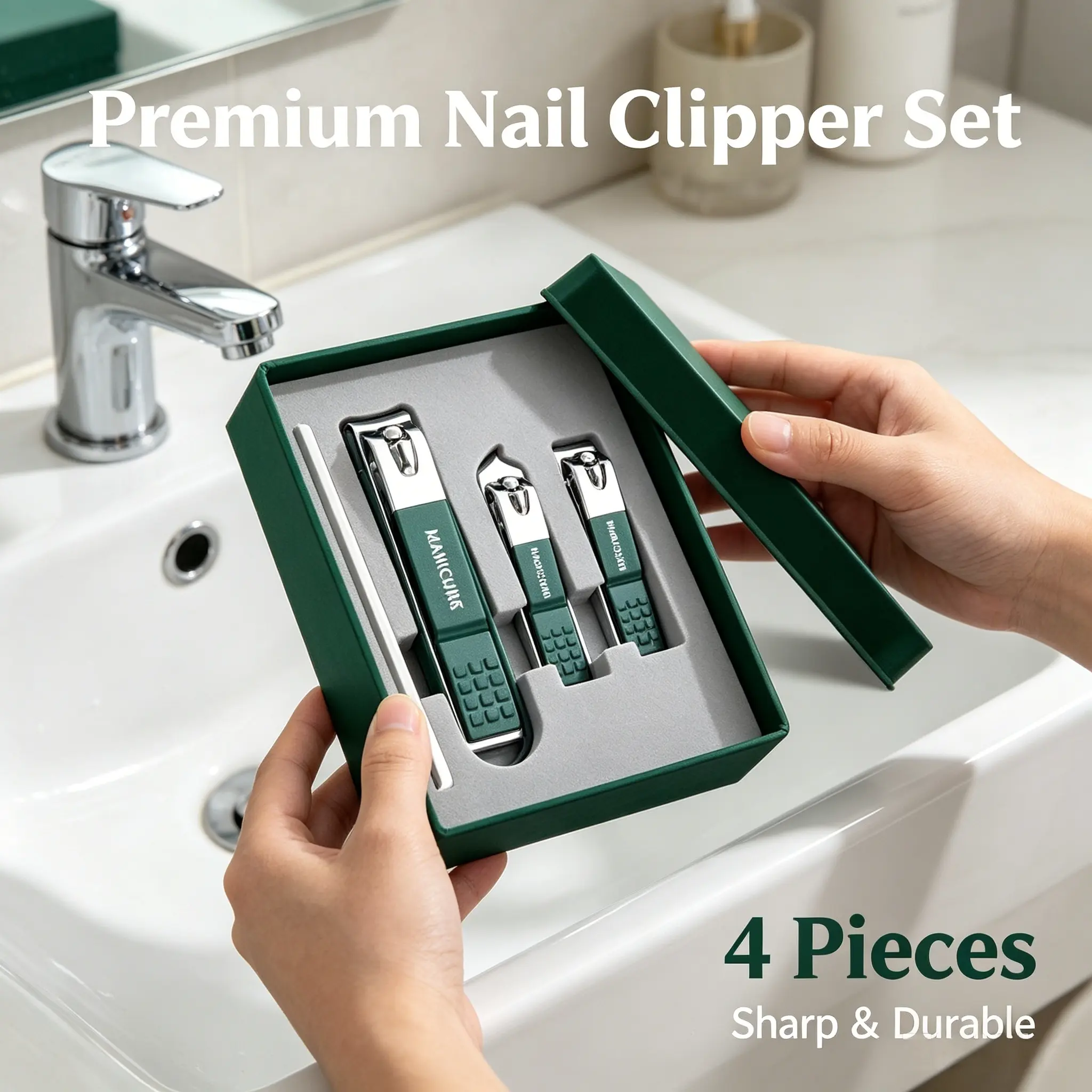 Nail Clipper Set - 4 Pieces Stainless Steel Emerald Green for Nail Care & Grooming
