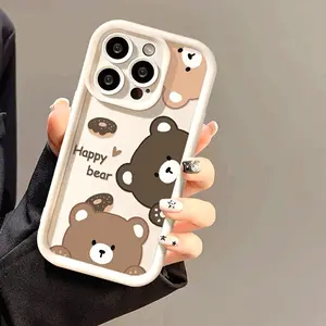 Happy Bear Phone Case Set, 3 Colors Cute Donut Bear Print, Kawaii Brown Bear Shockproof Cover, Anti-Slip Soft Case for iPhone 17,16, 15, 14, 11, 12, 13 Pro Max Mini, 7, 8 Plus, XR, XS Max, X