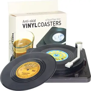 6Pcs Funny Retro Record Coasters for Drinks with Vinyl Player Holder for Music Lovers Coffee Tableware