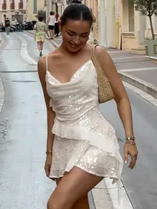 Elegant Sequin Cowl Neck Fitted Dress, Women's Backless Spaghetti Strap Dress, Tiered Ruffle V-Neck Sleeveless Summer Party Gown