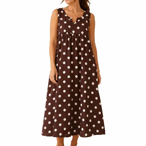 GLAMONIQUE Women's Brown Polka Dot Print H-Type Sleeveless V-Neck Spaghetti Strap Maxi Dress - Lightweight, Flowy, Adjustable, Side Slit Casual Wear for Beach, Everyday Use; Versatile with Jacket Pairing