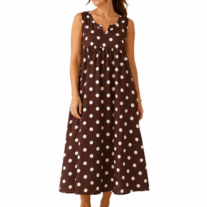 GLAMONIQUE Women's Brown Polka Dot Print H-Type Sleeveless V-Neck Spaghetti Strap Maxi Dress - Lightweight, Flowy, Adjustable, Side Slit Casual Wear for Beach, Everyday Use; Versatile with Jacket Pairing