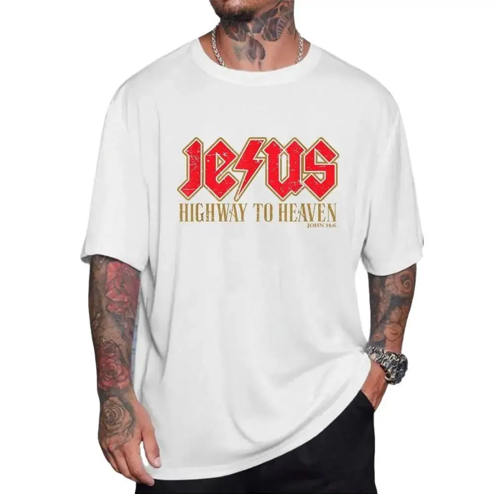 Jesus - Highway to Heaven - John 14 T-Shirt, Graphic Tees for Unisex Cotton Fabric Casual Crew Neck Short Sleeve T-Shirt Trendy Tops for men gifts Menswear